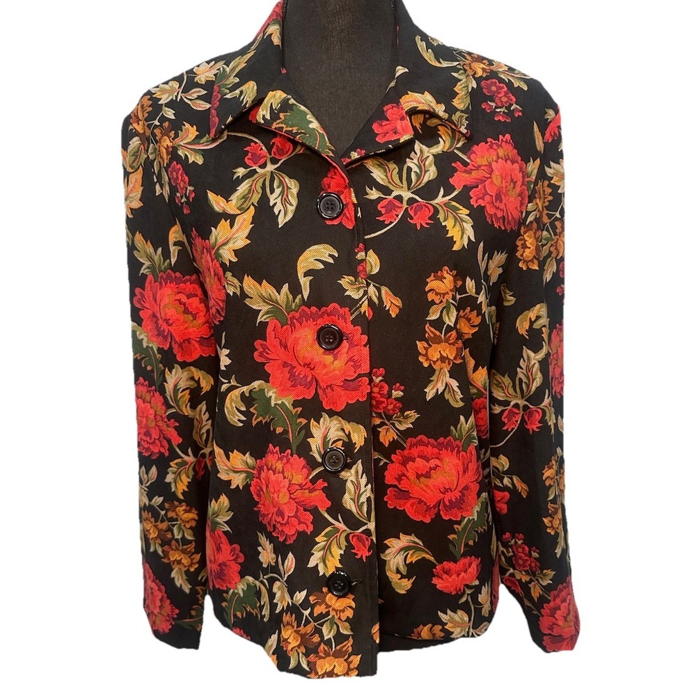 Floral Button-Front Jacket - Black with Red & Gold Floral Print